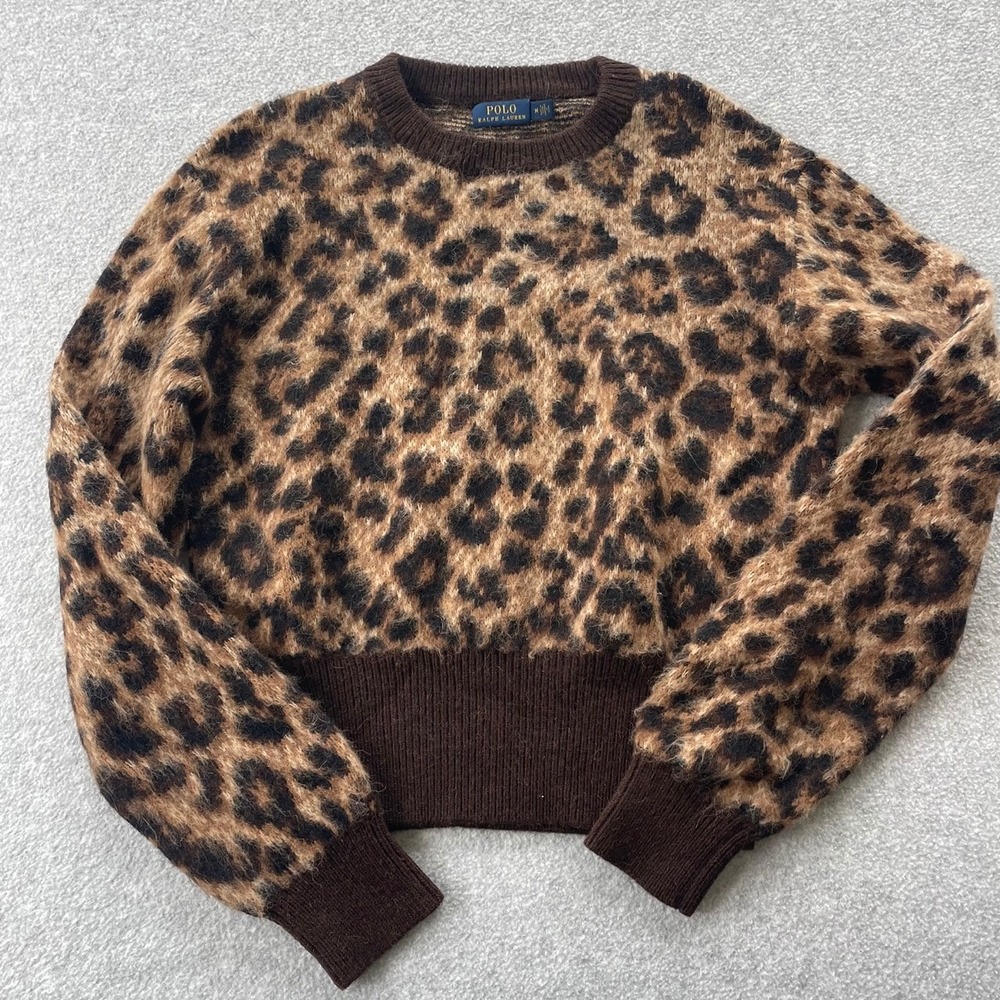 Polo Ralph Lauren Leopard Print Alpaca Merino Wool Sweater Brown Crewneck M